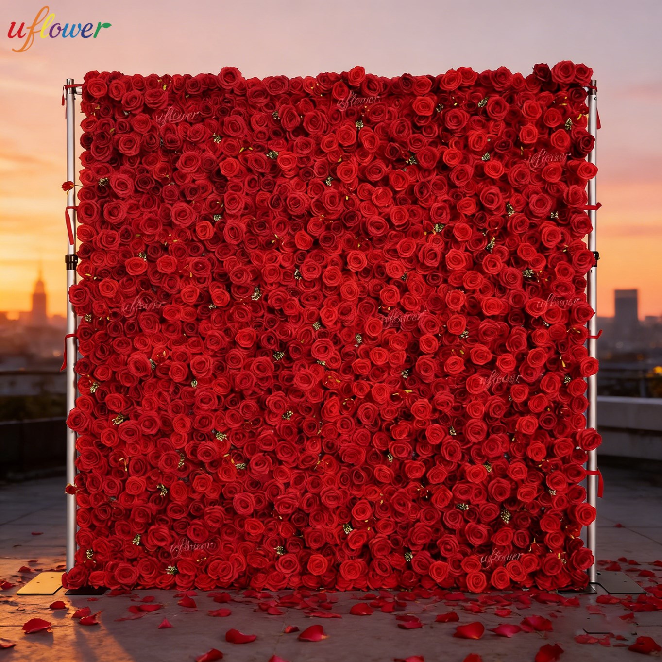 Flower Wall Panel - ผนังดอกกุหลาบแดงประดิษฐ์ Uflower ผ้าสีแดงเบอร์กันดี ม้วนเก็บได้ ฉากหลังงานแต่งงาน ตกแต่งงานปาร์ตี้