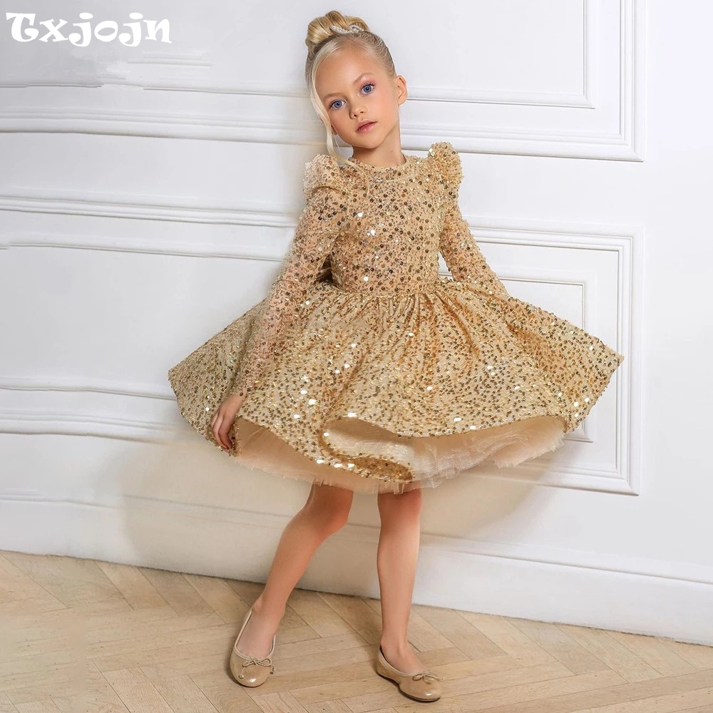 Glitter Tablecloth - Golden Sequined Tulle เจ้าหญิงชุดสําหรับสาววันเกิดปาร์ตี้เต้นรํา PUFFY แขนยาวชุดงานแต่งงานเสื้อผ้า